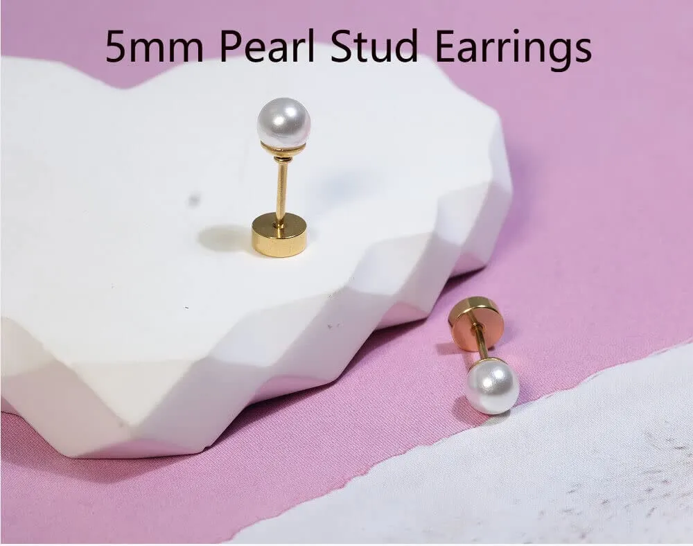 14K Gold Screw Back Pearl Stud Earrings for Women,Flat Back Pearl Cartilage Earrings Pearl Helix Earrings Hypoallergenic 316L Surgical Steel Piercing Jewelry Gift for Toddlers (5mm Pearl, Gold)