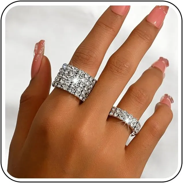 2Pcs Gold Crystal Stretch Rings Set for Women Bling Rhinestone Elastic Knuckle Ring Sparkly Stretchy Stack Statement Finger Jewelry Silver Accessories