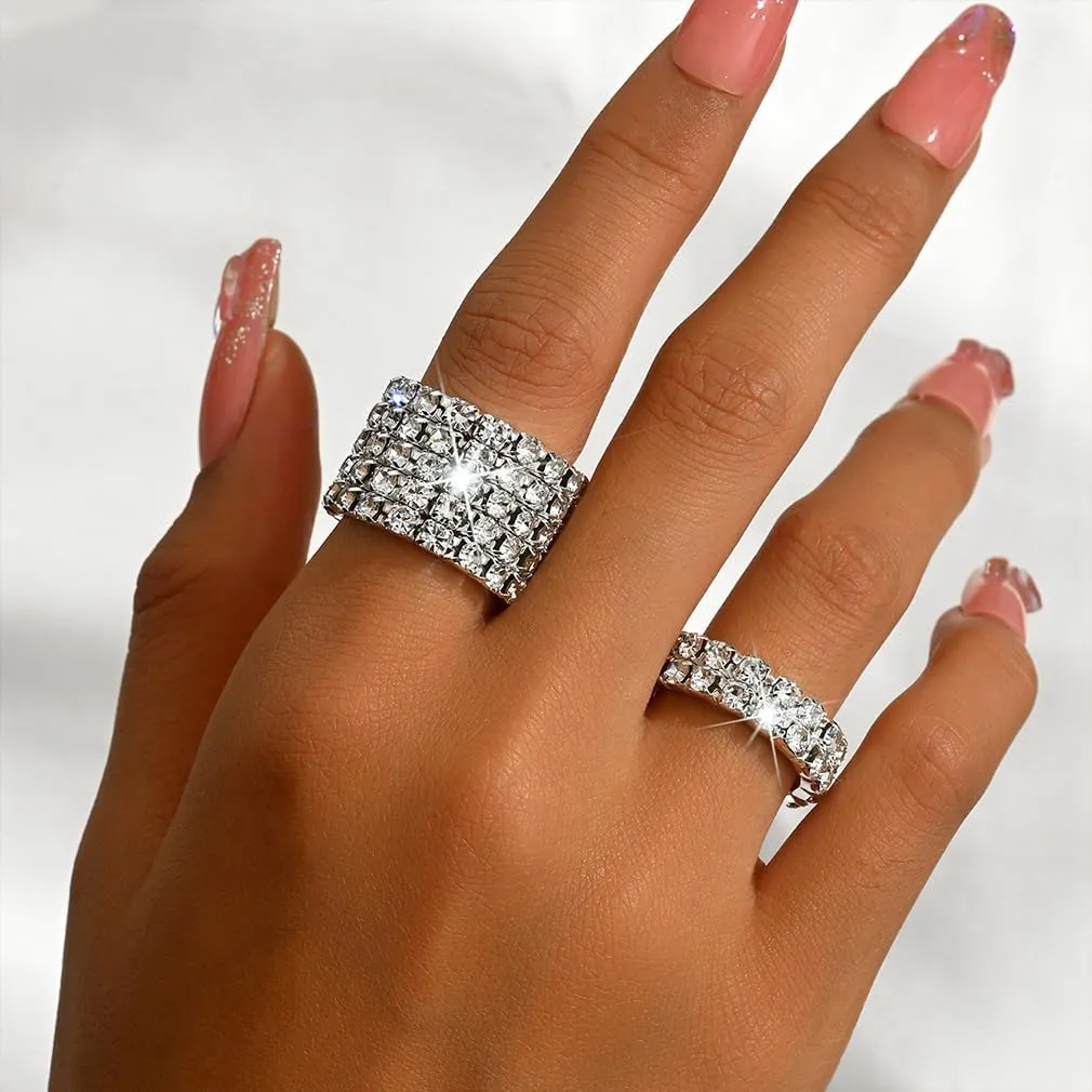 2Pcs Gold Crystal Stretch Rings Set for Women Bling Rhinestone Elastic Knuckle Ring Sparkly Stretchy Stack Statement Finger Jewelry Silver Accessories