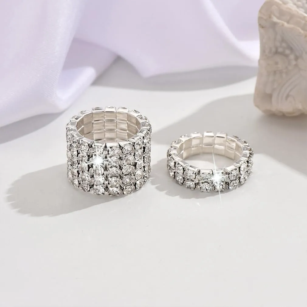2Pcs Gold Crystal Stretch Rings Set for Women Bling Rhinestone Elastic Knuckle Ring Sparkly Stretchy Stack Statement Finger Jewelry Silver Accessories