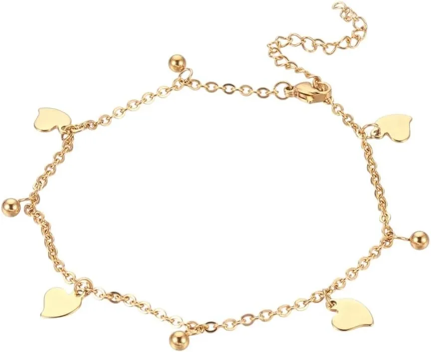 304 Stainless Steel Charm Anklets Heart Round Gold 9" 2mm A51