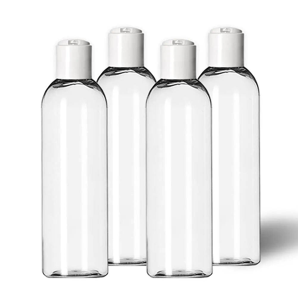 4 oz Travel Bottles, Empty Travel Containers with Flip Caps, BPA Free PET Plastic Squeezable Toiletry/Cosmetic Bottles (Neck 20-410) (Pack of 4, Clear)