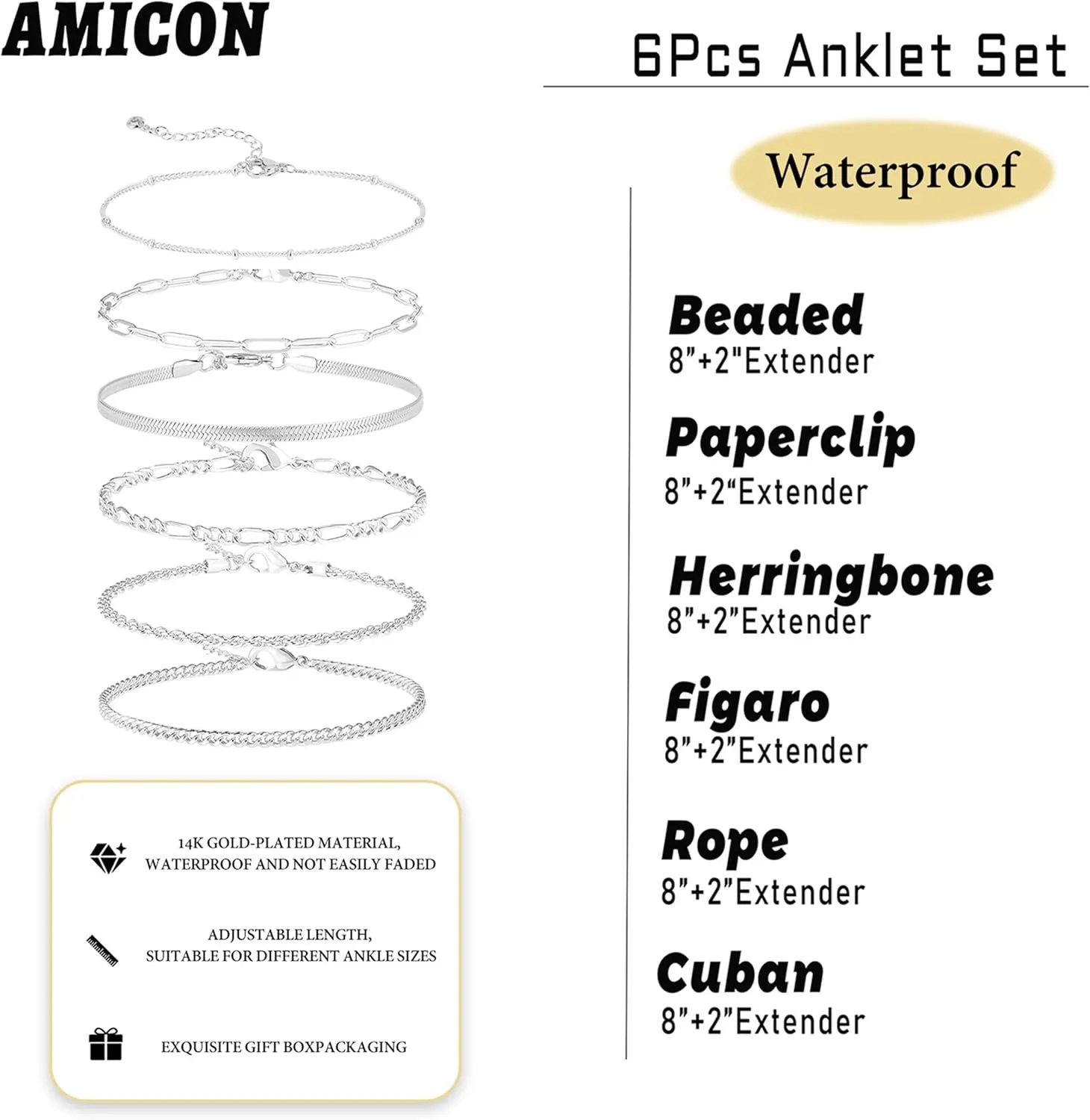 6 PCS Gold Ankle Bracelets for Women, 14k Plated Gold Layered Anklet Set Waterproof Herringbone Paperclip Beaded Figaro Cuban Link Chain Beach Stackable Anklet Bracelet Jewelry Gift for Women