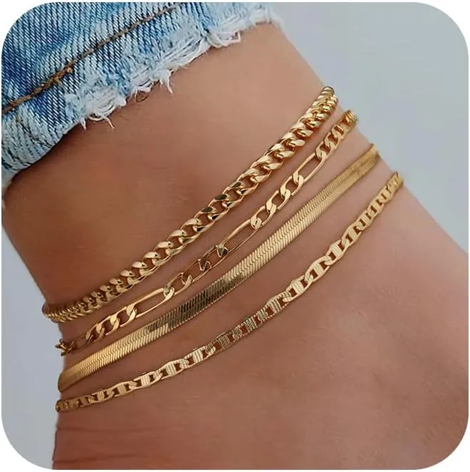 6 PCS Gold Ankle Bracelets for Women, 14k Plated Gold Layered Anklet Set Waterproof Herringbone Paperclip Beaded Figaro Cuban Link Chain Beach Stackable Anklet Bracelet Jewelry Gift for Women