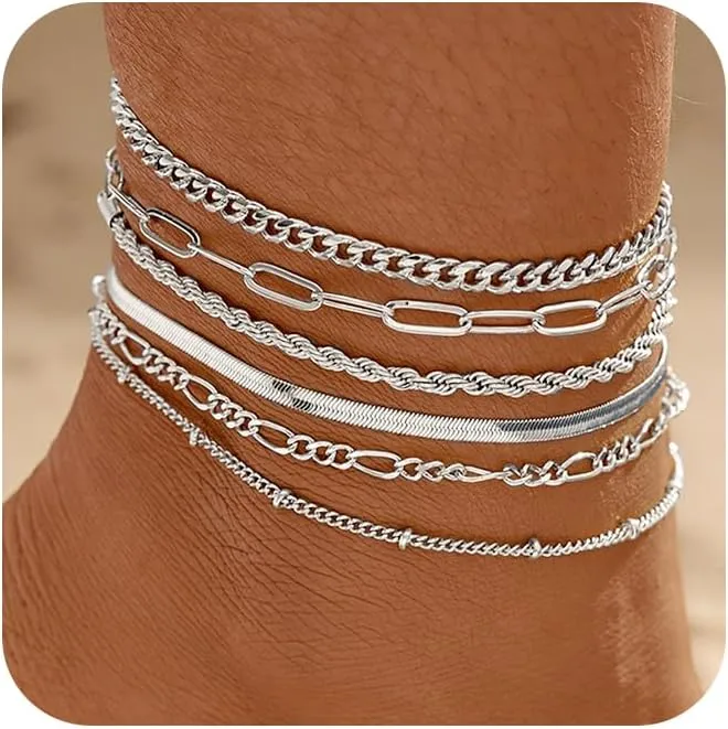 6 PCS Gold Ankle Bracelets for Women, 14k Plated Gold Layered Anklet Set Waterproof Herringbone Paperclip Beaded Figaro Cuban Link Chain Beach Stackable Anklet Bracelet Jewelry Gift for Women
