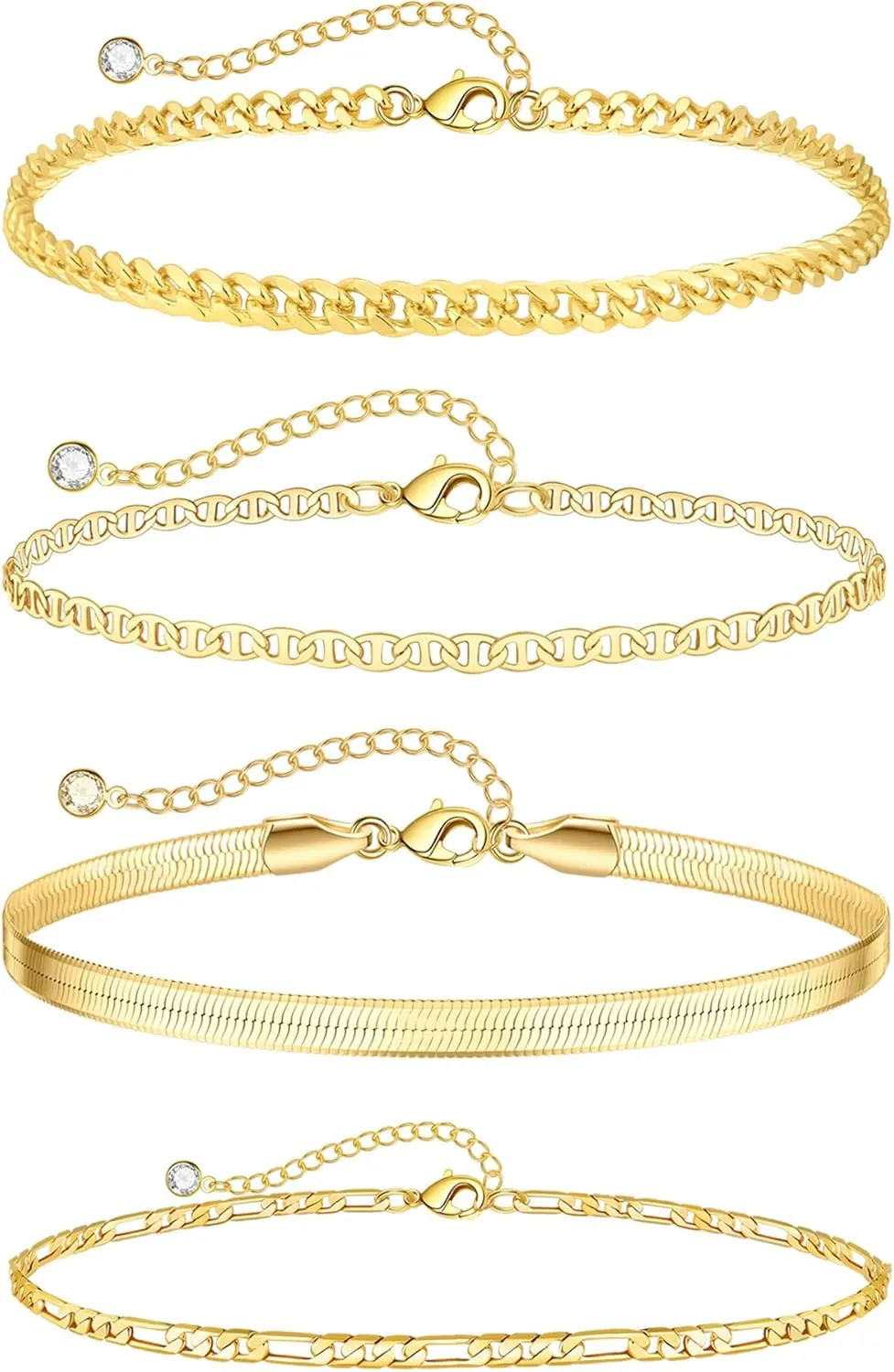 6 PCS Gold Ankle Bracelets for Women, 14k Plated Gold Layered Anklet Set Waterproof Herringbone Paperclip Beaded Figaro Cuban Link Chain Beach Stackable Anklet Bracelet Jewelry Gift for Women