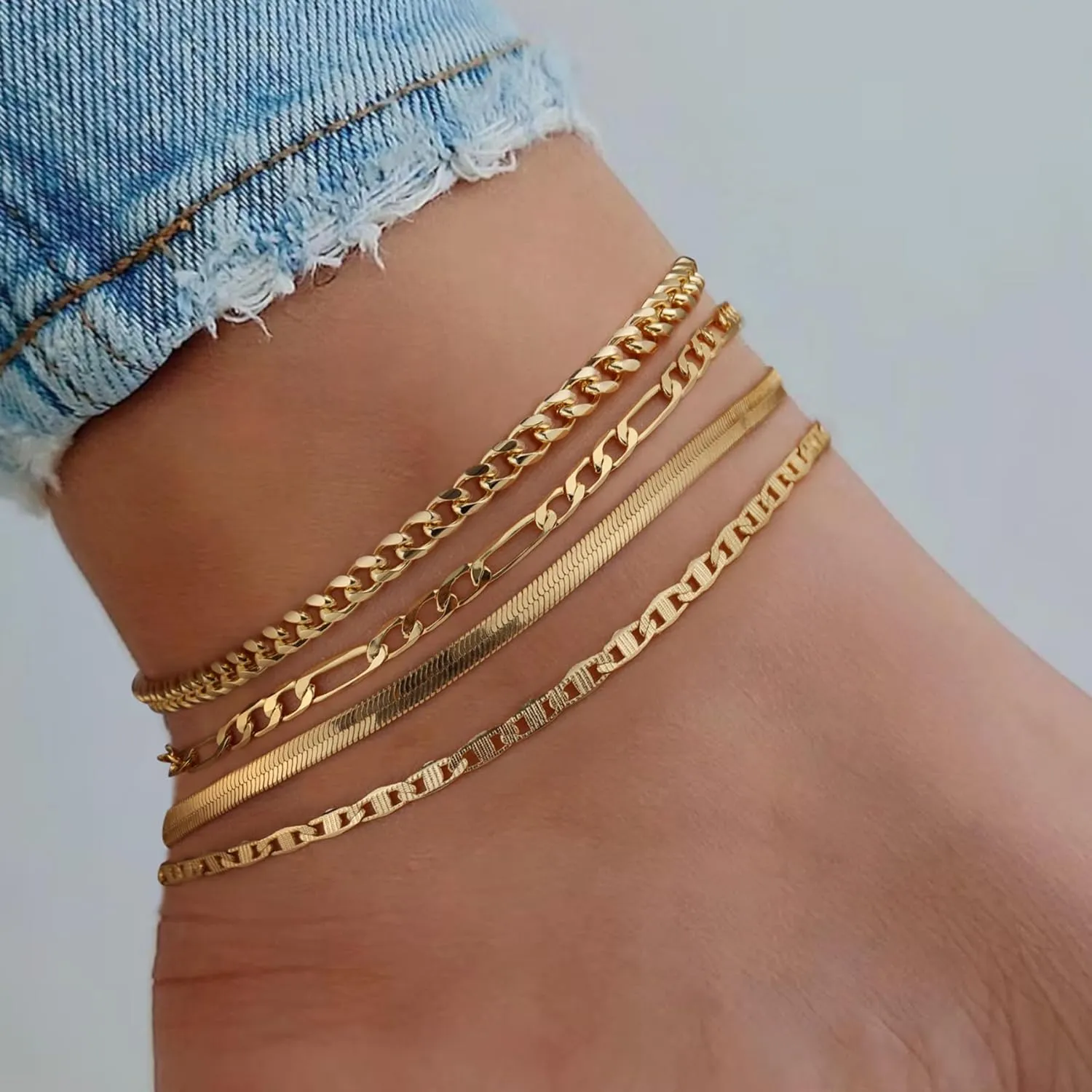 6 PCS Gold Ankle Bracelets for Women, 14k Plated Gold Layered Anklet Set Waterproof Herringbone Paperclip Beaded Figaro Cuban Link Chain Beach Stackable Anklet Bracelet Jewelry Gift for Women
