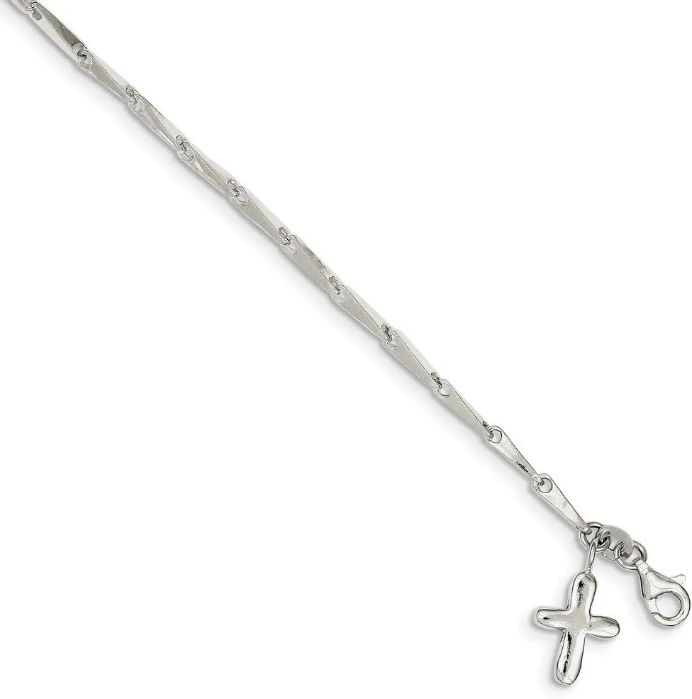 925 Sterling Silver 10 Solid Cross on Unique Link Anklet - with Secure Lobster Lock Clasp 10"