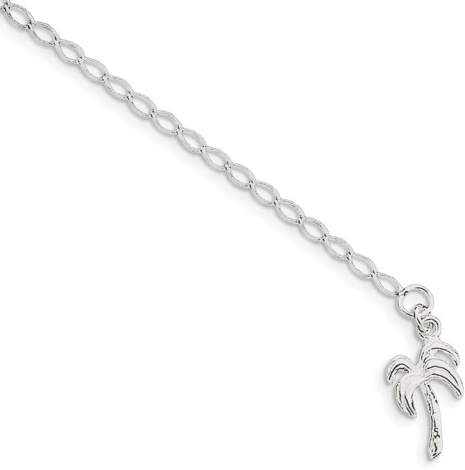 925 Sterling Silver 10inch Solid Palm Tree Anklet 10"