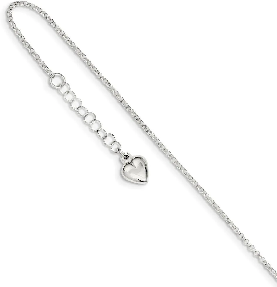 925 Sterling Silver Heart 1in Extension Anklet - with Secure Lobster Lock Clasp 9"