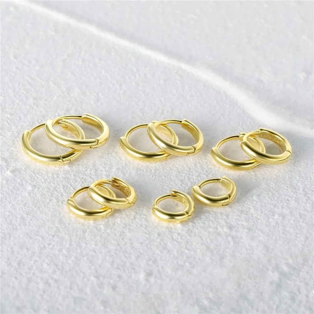 925 Sterling Silver Small Huggie Hoop Earrings, Minimalist Round Hoops (5mm-9mm), Gold Tone, Women/Unisex, Pair