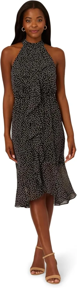 Adrianna Papell Women's Shirred Dot Chiffon Midi Dress