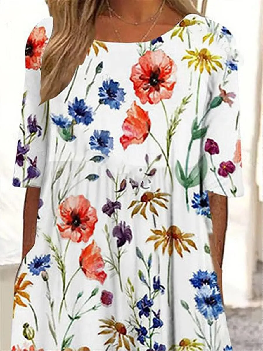 Akivide Womens Colorful Bohemian Floral Maxi Dresses Casual Loose Summer Beach Vacation Flowy Dress with Pockets
