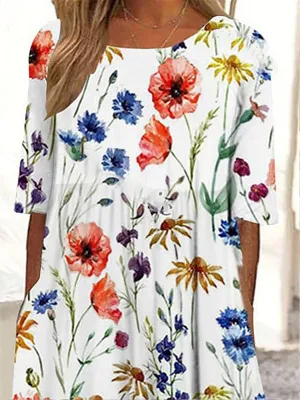 Akivide Womens Colorful Bohemian Floral Maxi Dresses Casual Loose Summer Beach Vacation Flowy Dress with Pockets