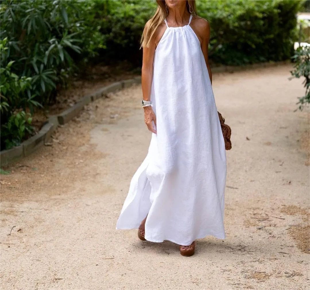 Akivide Womens Cotton Linen Loose Halter Neck Long Dress Casual Sleeveless Baggy Slit Beach Comfy Maxi Dress