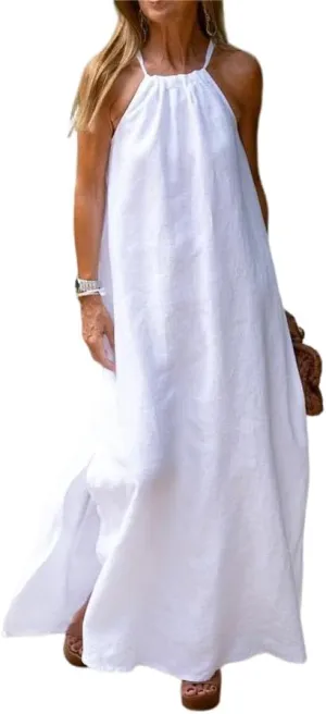 Akivide Womens Cotton Linen Loose Halter Neck Long Dress Casual Sleeveless Baggy Slit Beach Comfy Maxi Dress