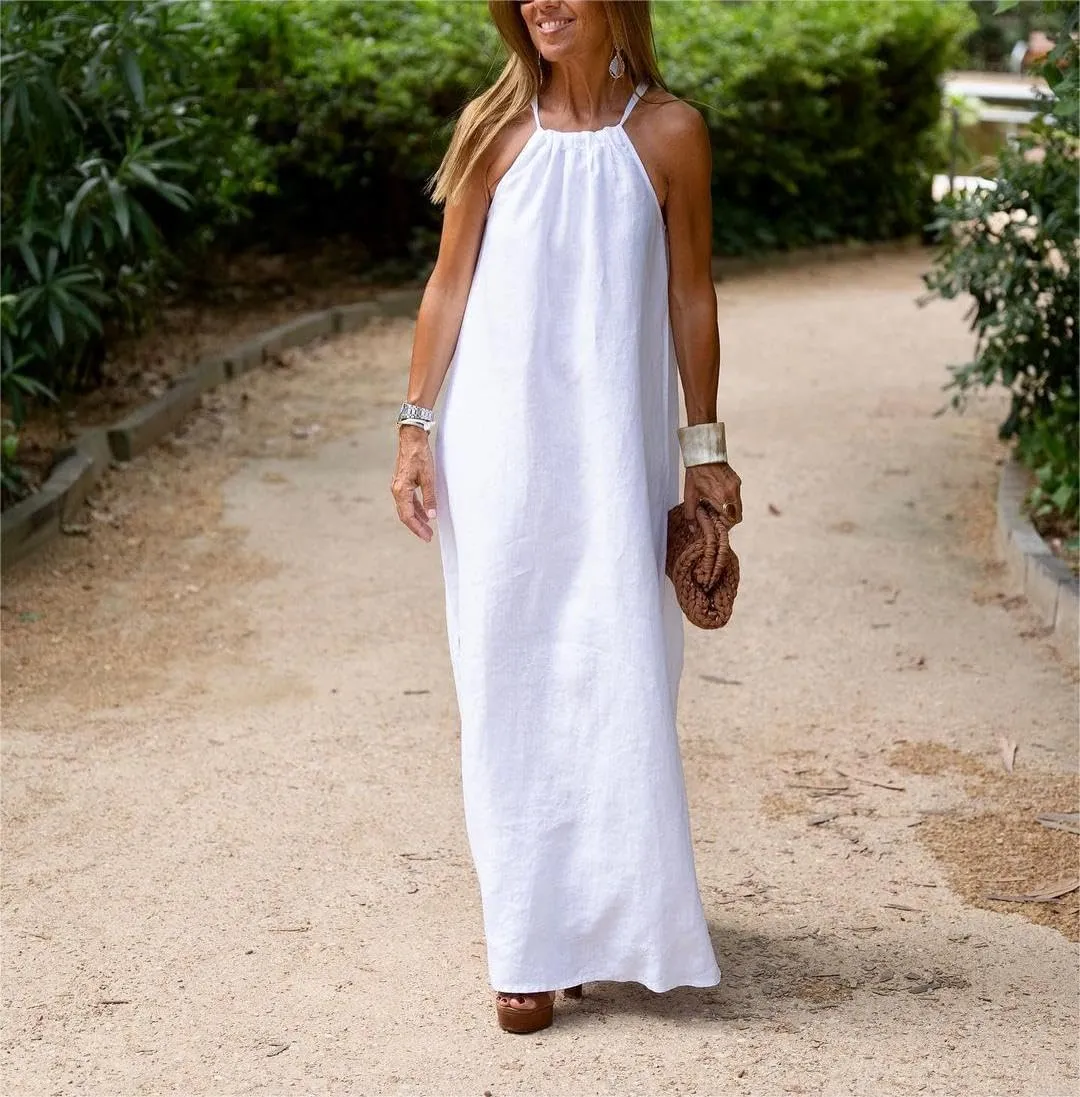 Akivide Womens Cotton Linen Loose Halter Neck Long Dress Casual Sleeveless Baggy Slit Beach Comfy Maxi Dress