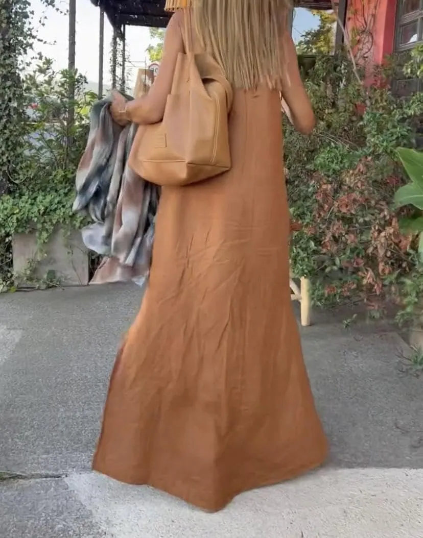 Akivide Womens Cotton Linen Loose Halter Neck Long Dress Casual Sleeveless Baggy Slit Beach Comfy Maxi Dress