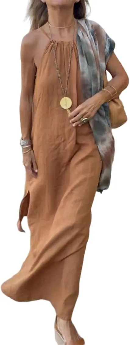 Akivide Womens Cotton Linen Loose Halter Neck Long Dress Casual Sleeveless Baggy Slit Beach Comfy Maxi Dress
