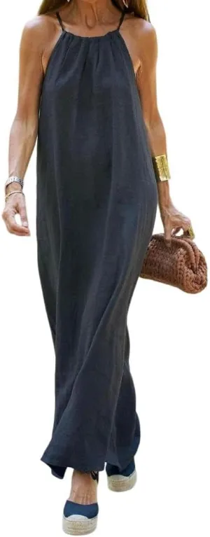 Akivide Womens Cotton Linen Loose Halter Neck Long Dress Casual Sleeveless Baggy Slit Beach Comfy Maxi Dress
