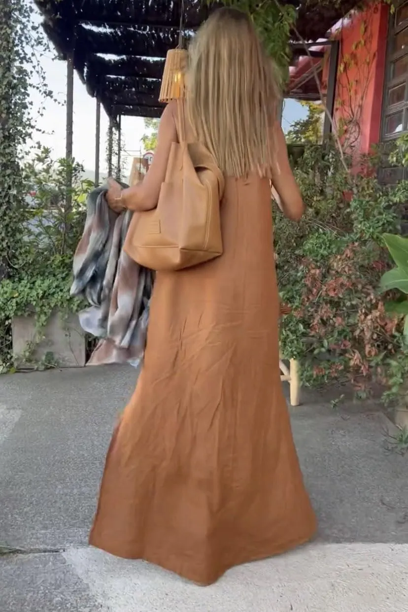 Akivide Womens Cotton Linen Loose Halter Neck Long Dress Casual Sleeveless Baggy Slit Beach Comfy Maxi Dress