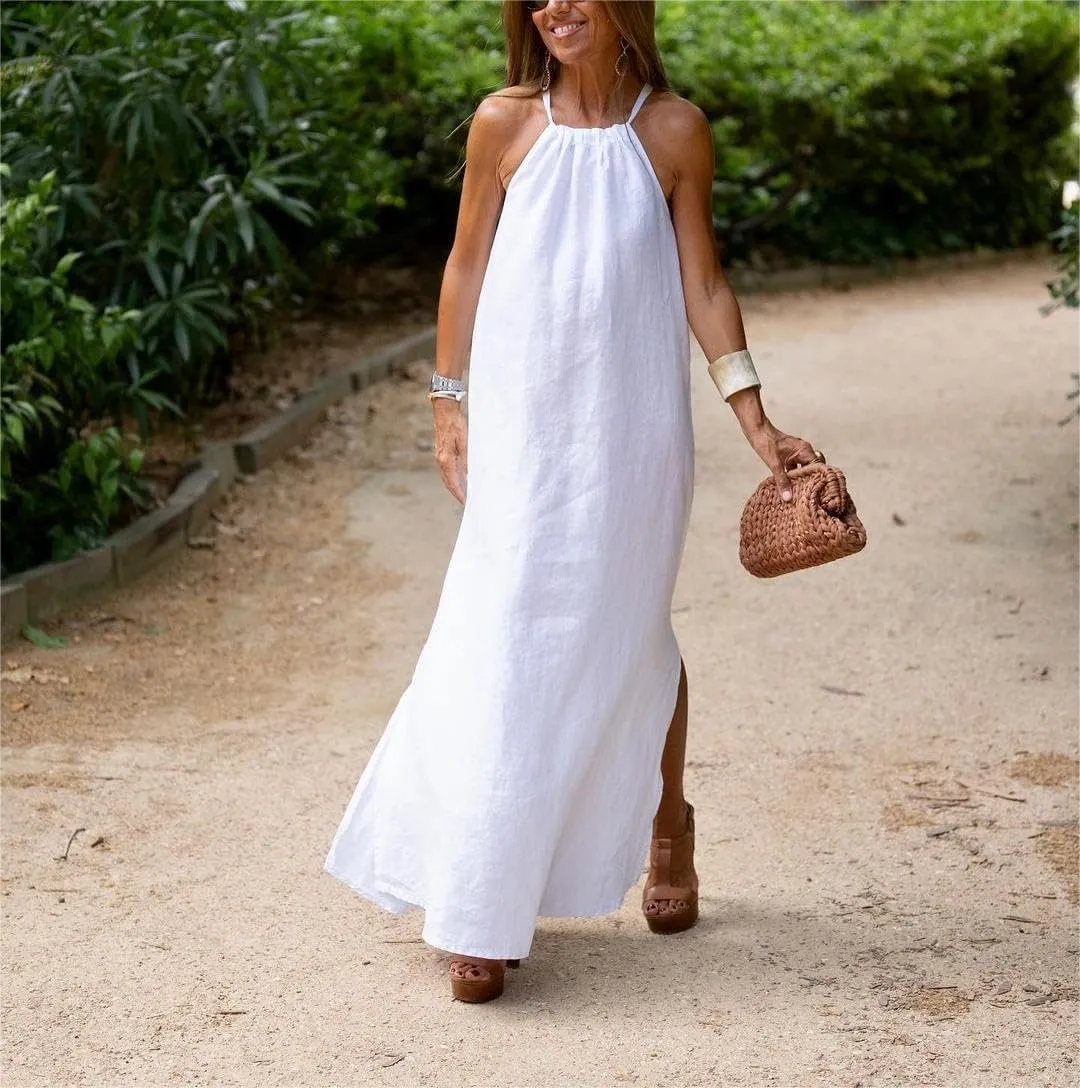Akivide Womens Cotton Linen Loose Halter Neck Long Dress Casual Sleeveless Baggy Slit Beach Comfy Maxi Dress
