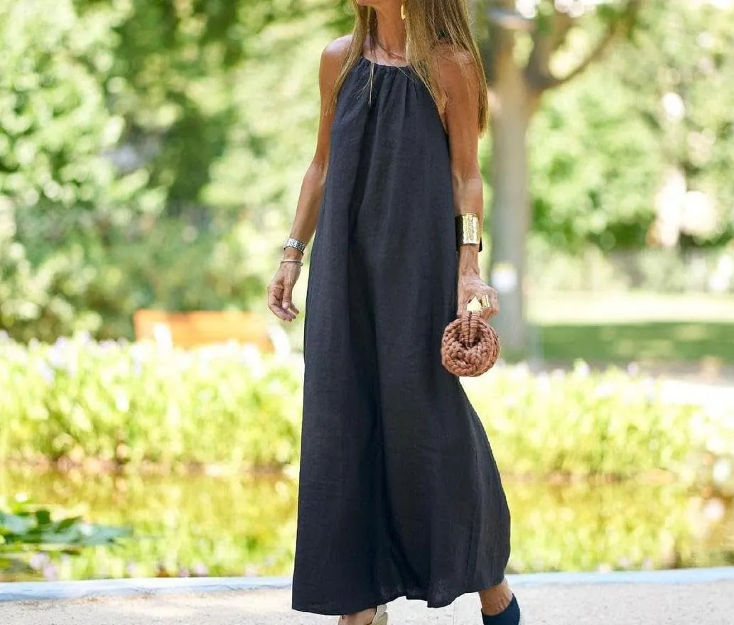 Akivide Womens Cotton Linen Loose Halter Neck Long Dress Casual Sleeveless Baggy Slit Beach Comfy Maxi Dress