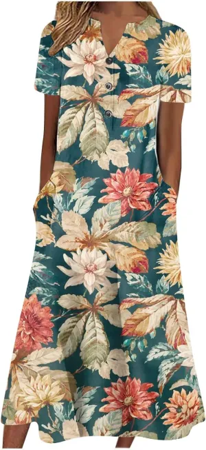 Akivide Womens Short Sleeve Summer Boho Floral Maxi Dress Casual Loose Beach Dresses with Pockets