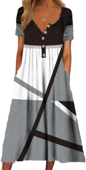 Akivide Women's Summer Boho Floral Print Maxi Dresses Short Sleeve V Neck Casual Loose Dress with Pockets