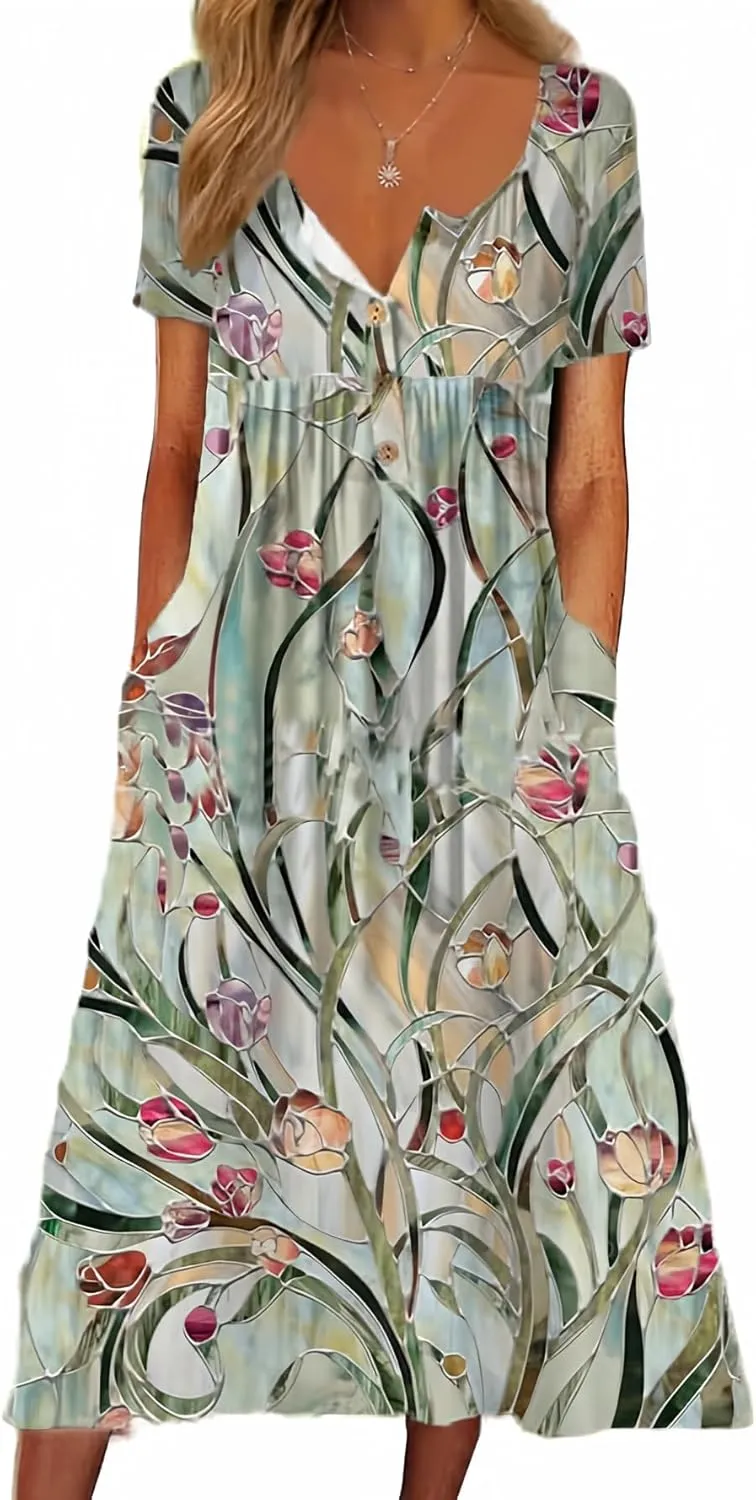 Akivide Women's Summer Boho Floral Print Maxi Dresses Short Sleeve V Neck Casual Loose Dress with Pockets