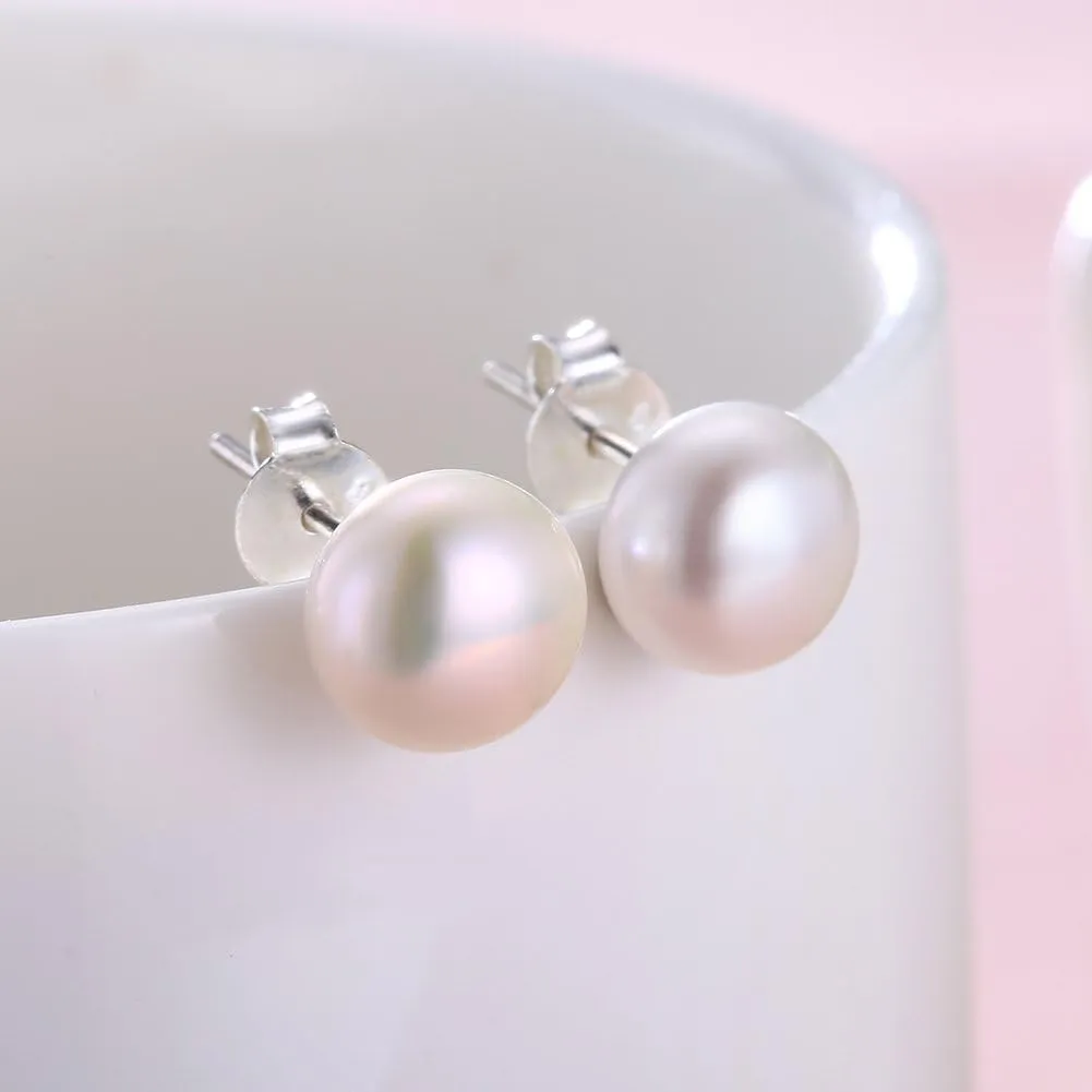 ALYC Pearl Earrings Freshwater Pearl White Button Stud Earrings with 925 Sterling Silver for Women