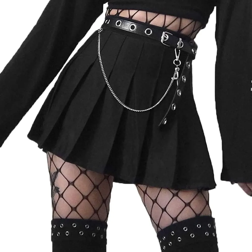 AULKEEP Womens Black Mini Pleated Skirts Goth High Waist A Line Punk Skirt School Uniform Short Skirts with Belt