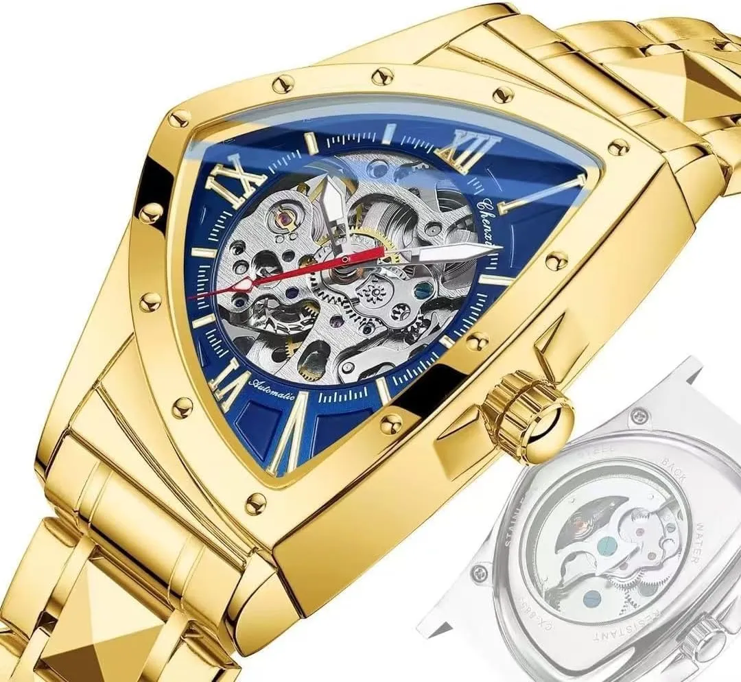 Automatic Man Watch Luxury Stainless Steel Triangle Dial Mechanical Wristwatches Skeleton Waterproof Luminous Watch