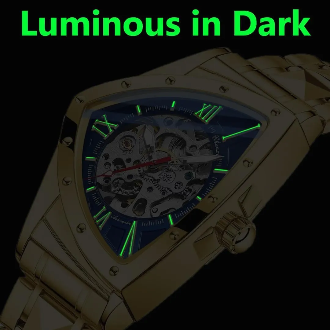 Automatic Man Watch Luxury Stainless Steel Triangle Dial Mechanical Wristwatches Skeleton Waterproof Luminous Watch