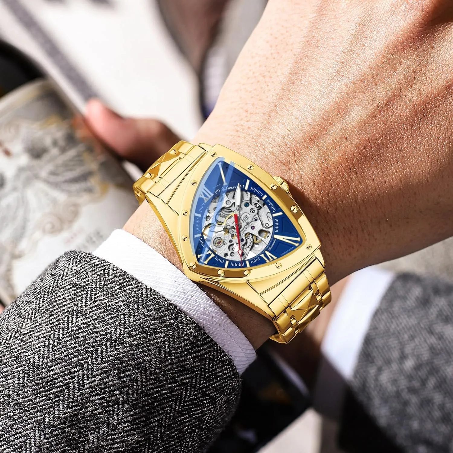 Automatic Man Watch Luxury Stainless Steel Triangle Dial Mechanical Wristwatches Skeleton Waterproof Luminous Watch
