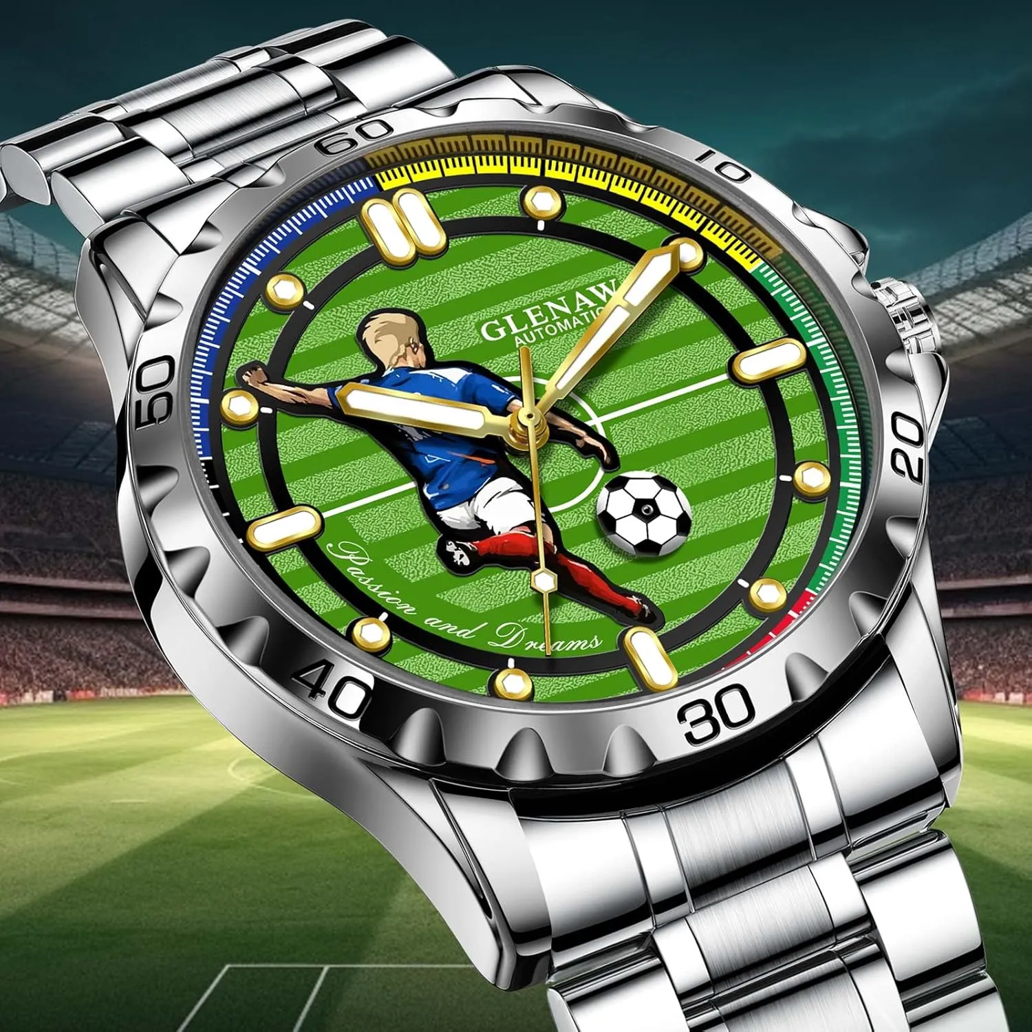 Automatic Watchs - Self-Winding Mechanical Watch for Men with Soccer Green Dial,Luxury Sports 3ATM Waterproof Luminous Wrist Watches