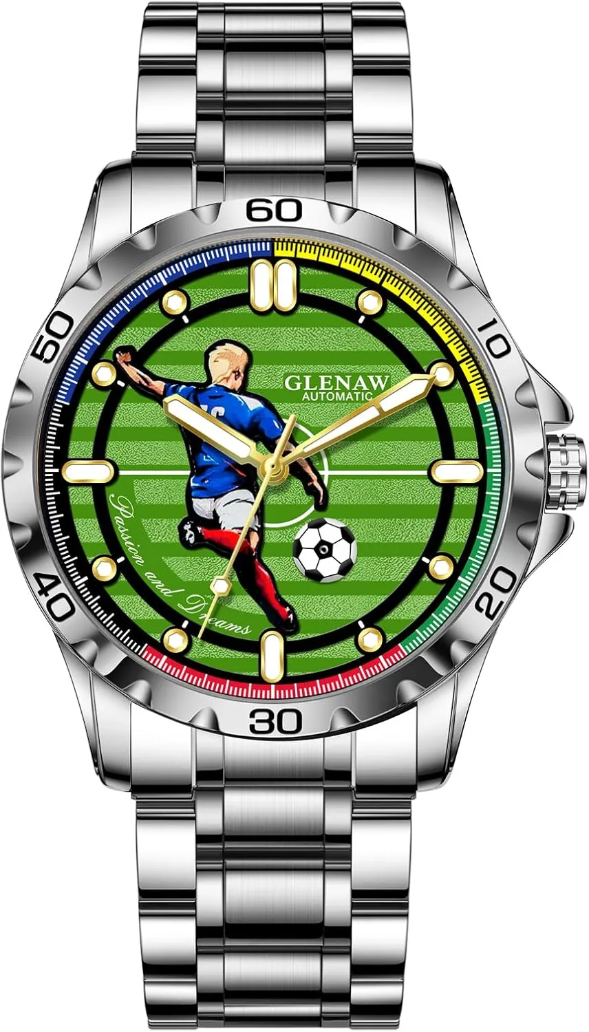 Automatic Watchs - Self-Winding Mechanical Watch for Men with Soccer Green Dial,Luxury Sports 3ATM Waterproof Luminous Wrist Watches