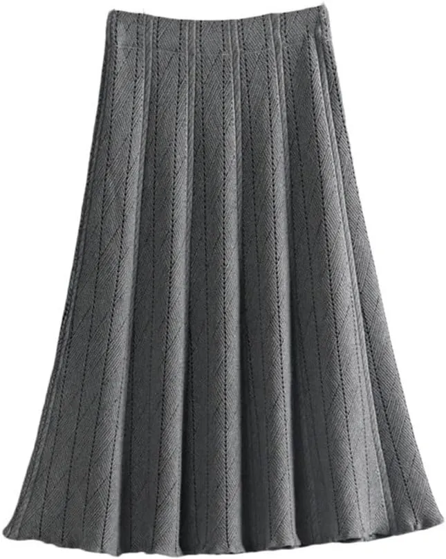 Autumn Winter Women Knitted Pleated Skirts Elegant Thick Warm A Line Long Midi Sweater Skirts