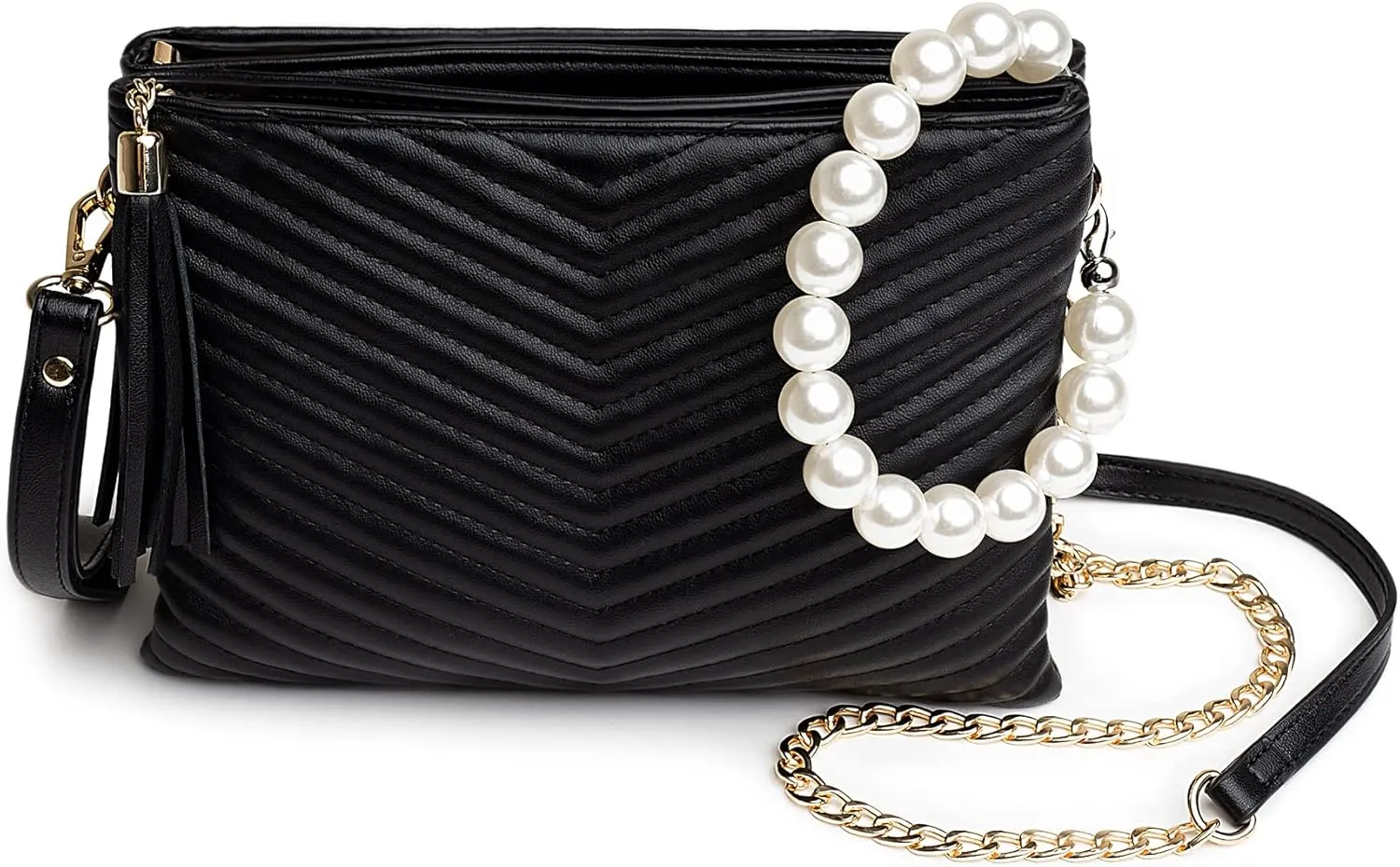 Before & Ever Double Pouch Wristlet Clutch Purses for Women - Large Evening Clutch Bag with White Pearls Crossbody