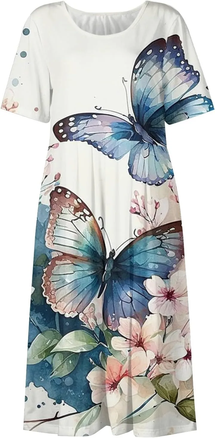 Below The Knee Short Sleeve Cover Up Ladies Dressy Classic Summer Super Soft Graphic Cotton Dress for Women.