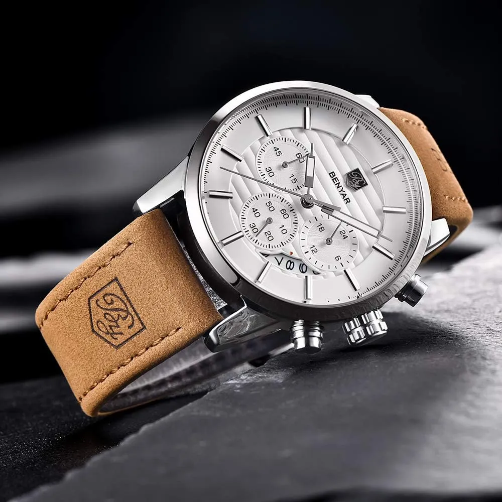 BENYAR Quartz Chronograph Waterproof Watches Business and Sport Design Leather Band Strap Wrist Watch for Men