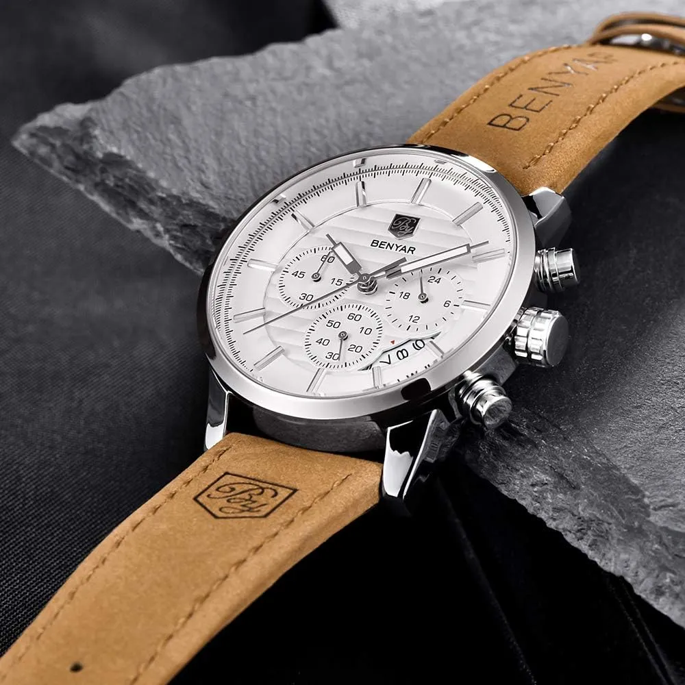 BENYAR Quartz Chronograph Waterproof Watches Business and Sport Design Leather Band Strap Wrist Watch for Men