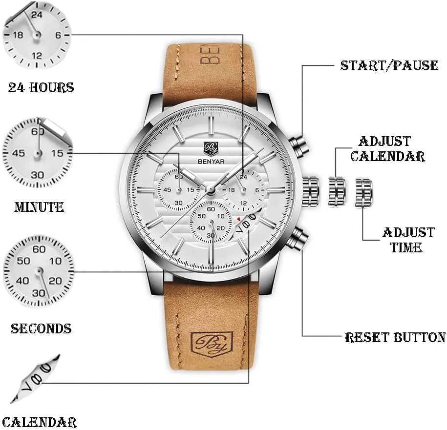 BENYAR Quartz Chronograph Waterproof Watches Business and Sport Design Leather Band Strap Wrist Watch for Men