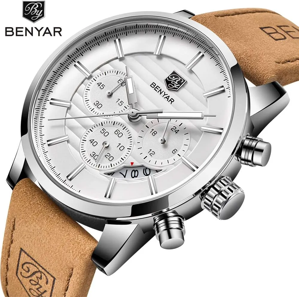 BENYAR Quartz Chronograph Waterproof Watches Business and Sport Design Leather Band Strap Wrist Watch for Men