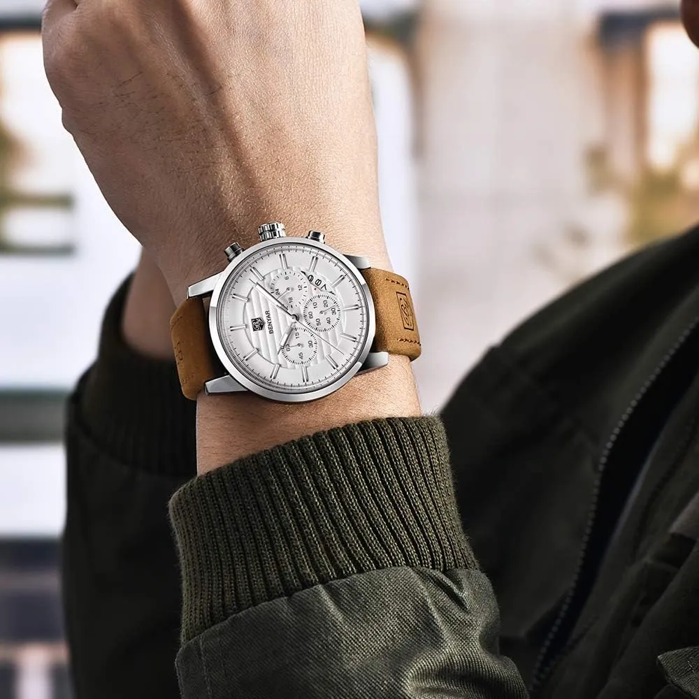 BENYAR Quartz Chronograph Waterproof Watches Business and Sport Design Leather Band Strap Wrist Watch for Men