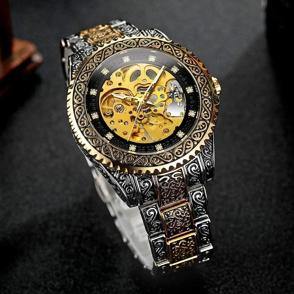 BESTKANG New Luxury Vintage Carved Mens Automatic Self-Winding Watches Skeleton Stainless Steel Watches