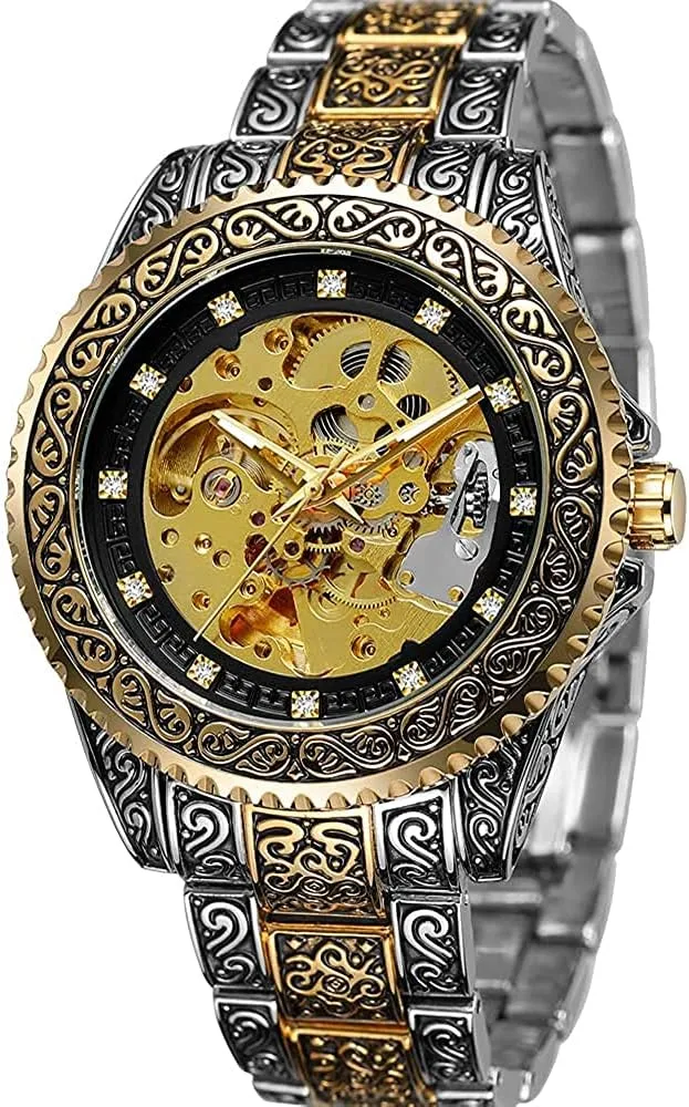 BESTKANG New Luxury Vintage Carved Mens Automatic Self-Winding Watches Skeleton Stainless Steel Watches