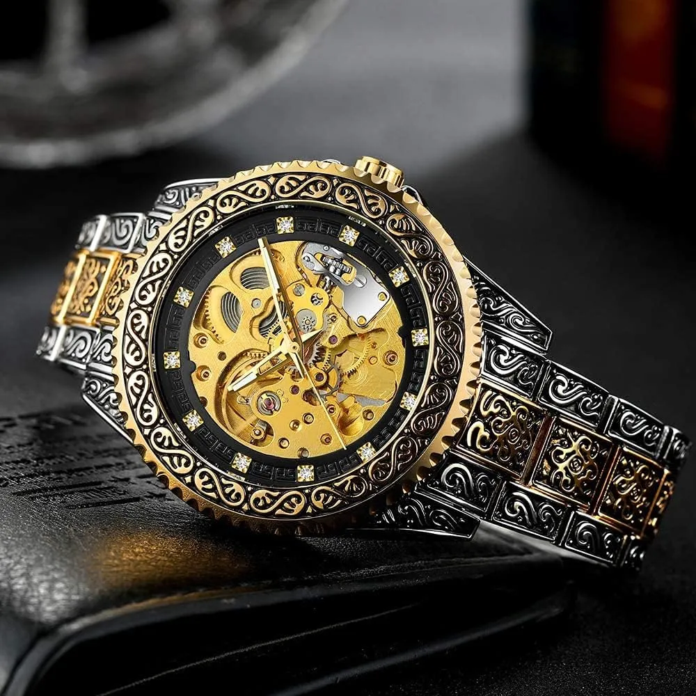 BESTKANG New Luxury Vintage Carved Mens Automatic Self-Winding Watches Skeleton Stainless Steel Watches