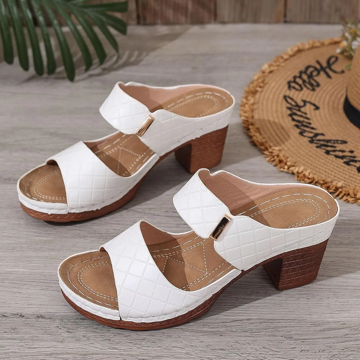 Block Heel Sandals for Women Heeled Two Strap Open Toe Low Chunky Heels Slip On Comfortable Womens Mid Ankle Sandal Casual Slippers Summer Backless Mules Slide Walking Shoes For Party Beach Vacation
