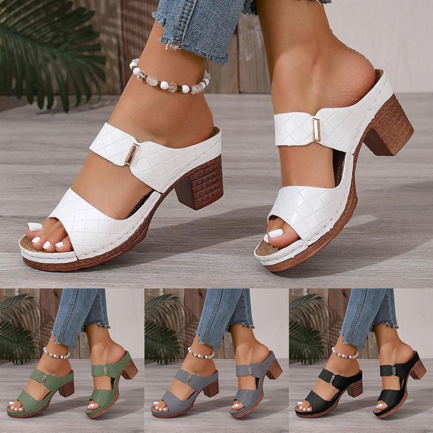 Block Heel Sandals for Women Heeled Two Strap Open Toe Low Chunky Heels Slip On Comfortable Womens Mid Ankle Sandal Casual Slippers Summer Backless Mules Slide Walking Shoes For Party Beach Vacation
